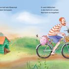 Grimm nimmt sein Rosenrad mit Möhrchen vorne im Korb. Er trägt ein gestreiftes Shirt, fährt an einer Hundehütte vorbei.