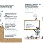 **Links:** "Vom Kacken", "Wer macht den größten Haufen?".  
Illustration: Erdschichten, Kothaufen, Tiere.  
**Rechts:** "Wie gut, dass es Kackafresser gibt!".  
Notizen: Fliegen, Käfer.  
Textkasten: "Mein kleines Kackologie-Wörterbuch".
