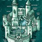 "Die Burg" Ausstellung einer Festung mit Beschriftungen: Bergfried, Palas, Waffenraum, Wächter und weitere Bereiche.