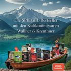 "Die SPIEGEL-Bestseller mit den Kultkommissaren Wallner & Kreuthner." Bücher in einem Boot auf einem Bergsee vor Alpen.