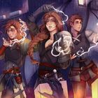 Illustration von drei Kriegerinnen mit leuchtenden magischen Blitzen in dunkler, regnerischer Szene.