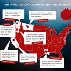 "BEST OF LISA JACKSON: SCHAUPLÄTZE, DETECTIVES UND SERIEN." Landkarte der USA mit Textboxen zu verschiedenen Orten.