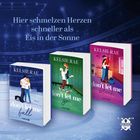 Text: "Hier schmelzen Herzen schneller als Eis in der Sonne." Drei Bücher von Kelsie Rae, dargestellt in einem Eishockeystadion.