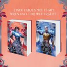 Text: "Finde heraus, wie es mit Wren und Torj weitergeht ..." Zwei Buchcover nebeneinander, rotes und blaues Design.