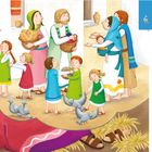 Illustration von Menschen, die Brot und Lebensmittel teilen. Einige Kinder spielen, während Tauben umherlaufen.