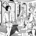 Drei Personen mit Koffern in einem Flur, maritime Deko, runde Fenster und Türen, eine trägt Hut.