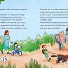 Ein Mädchen hält ein Einhorn an einer Leine, während ein Junge einen bellenden Hund zieht. Eine Familie spaziert mit Hund.