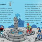 „Gefährlich heiß“ steht oben. Drei Personen mit Fahrrädern stehen an einem Brunnen mit einer Feuerwehrmann-Statue.