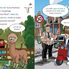 Justus und Tante Mathilda betrachten ein Alpaka; Polizist ermahnt einen Jungen auf einem Roller vor Häusern.