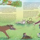 Ein junges Mädchen zieht ein widerstrebendes Fohlen an einem Strick. Tiere beobachten die Szene.