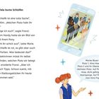 Texte: "Viele, viele bunte Schleifen." Kinder, Pferde und Schleifen in einem Handybild. Mädchen mit Zöpfen und Sprechblase.