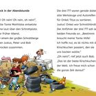 "Schreck in der Abendstunde" lautet die Überschrift. Illustration von drei Jungen schockiert auf einem Schrottplatz.