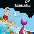 "Die drei ??? Kids: Geheimnis im Meer." Comic-Stil: Kinder schwimmen, staunen über eine Meerjungfrauenflosse.