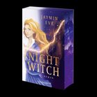 Text: "JAYMIN EVE", "NIGHT WITCH", "ROMAN". Illustration einer Frau mit langem, blondem Haar, umgeben von Blitzen.