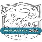 Text: "AUSMALBUCH VON ViviTinta". Illustration: Tier hält großen Pilz, Katze liegt auf Wolke. Schmetterlinge und Blumen.