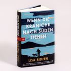 Aufrecht stehendes Buch: „Wenn die Kraniche nach Süden ziehen“ von Lisa Ridzén. Cover mit Silhouette von Person und Tier.