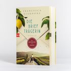 Titel: "Die Briefträgerin". Darunter ein Umschlag mit einer Zitrone. Unten ein Feldweg mit einer Frau und Fahrrad.