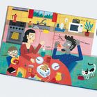 Illustration: Am Tisch eine Familie beim Frühstück. Geräusche "FLUPP!", "SCHMATZ!", "SCHLURF!". Eine Katze miaut. Bunte Küche.