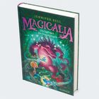 Cover eines Buches "Magicalia - Die Jagd nach den Doppelgängern" von Jennifer Bell. Ein pinker Drache fliegt, zwei Kinder schauen.