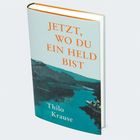 Buchcover: "JETZT, WO DU EIN HELD BIST" von Thilo Krause, mit Flusslandschaft in Blau- und Grüntönen.