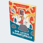Text: "Ole Könnecke, Der letzte Zauberspruch, Hanser". Illustration: Kind hebt ein Buch, umgeben von Enten und Blitzen.