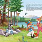 „Ich hab was Besseres dabei!“, ruft Mimi sofort und reicht allen Aprikosen. Freunde bei Bäumen, Fuchs, Hase, Waschbär.