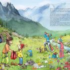 Texte beschreiben Vorbereitungen für eine Bergwanderung. Drei Tiere mit Bergkleidung, ein Zug, Berge und ein Bach im Hintergrund.