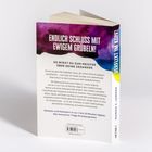 Auf dem Buchcover: "ENDLICH SCHLUSS MIT EWIGEM GRÜBELN! SO WIRST DU ZUM MEISTER ÜBER DEINE GEDANKEN". Links ein buntes Design.