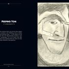 "PEEPING TOM" steht oben. Links ein Text über eine verlorene Seele, rechts eine Bleistiftzeichnung eines Mannes mit Hand vorm Auge.
