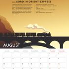 Text: "Mord im Orient-Express", Zitat von Poirot. Darunter eine Illustration mit Zug auf Brücke und Kalender für August.