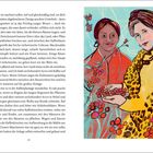 Text: „...drei oder vier Jahre, bis die kleinen Bäume tragen...“

Illustration: Zwei Frauen, bunte Kleidung, Kaffeezweige, blaue Kulisse.