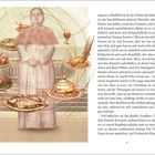 Seite 25. Illustration einer Person in Robe, umgeben von schwebenden Tellern mit verschiedenen Speisen.