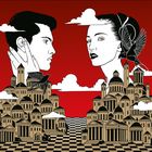 Illustration: Zwei Gesichter in den Wolken über antiken Gebäuden, umgeben von Vögeln und Schachbrettmuster, vor rotem Himmel.