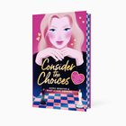 "Consider the Choices" auf Buchcover mit stilisierter Frau, Herz und Schachbrettmuster in Pink und Blau.