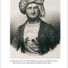 Ein Mann mit Turban und verziertem Gewand hält einen Dolch; historische Illustration.