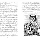 Textausschnitt aus einem Buch über Alice und den König. Illustration einer Katze, deren Kopf am Himmel schwebt, und Kartenfiguren.