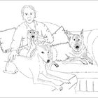 Eine Bleistiftzeichnung eines Mannes auf einem Sofa mit drei Hunden, zwei liegend und einer sitzend, um ihn verteilt.