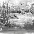 Gemälde einer idyllischen Parkszene: Menschen entspannen am Ufer, ein Kind springt ins Wasser, umgeben von Bäumen und Pflanzen.