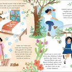 Texte: Frida muss im Bett bleiben, Arzt empfiehlt Sport. Illustrationen zeigen Frida im Bett, beim Sport, mit Krücken, am Baum, Fahrrad.
