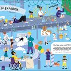 Texte: "DIE FEHLERFABRIK", "BUMMMM". Illustration einer Fabrik, in der Menschen Fehler machen.