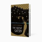 "F. Scott Fitzgerald, The Great Gatsby, INSEL." Art-déco-Stil mit goldenen Mustern und Figur, die ein Glas hält.