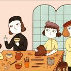 Eine Illustration zeigt vier Personen bei handwerklichen Tätigkeiten an einem Tisch mit Werkzeugen und Materialien.