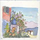 Es gibt keinen Text. Eine Illustration mit Gießkanne, bunten Blumen, einem Haus und Hügeln unter blauem Himmel.