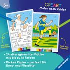 „Vor dem Ausmalen“ zeigt ein unkoloriertes Fußballmotiv, „nach dem Ausmalen“ das gleiche Bild bunt ausgestaltet.