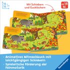 "Mit Schiebern und Gucklöchern, ab 18 M. Animatives Mitmachbuch zur Förderung der Feinmotorik. Illustration: Tiere im Wald."