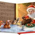 Noten und Text zu "Lasst uns froh und munter sein". Weihnachtsmann gibt Tieren Geschenke, umgeben von Schnee und Dekorationen.