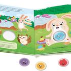 Text: Der Hase ist traurig. Der Hase könnte traurig sein. Illustration: Ein Hase weint, Kuchen und Geschirr liegen auf dem Boden.