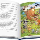 Text: „Achtung: Zu verschenken. Nur Dinge bei einer Tasse Tee/ verstehen.“

Illustration: Tiere veranstalten Flohmarkt im Freien, u.a. Eule, Waschbär, Fuchs.