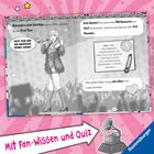 Texte heben die "Eras Tour" hervor, mit 150 Konzerten auf fünf Kontinenten. Illustration einer Sängerin auf der Bühne.