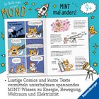 "So läuft man auf dem Mond", "MINT mal anders!", "9+", "Lustige Comics...spannenendes MINT-Wissen...Elektrizität", "Ravensburger". Illustration mit Comics und Astronautenkatze.